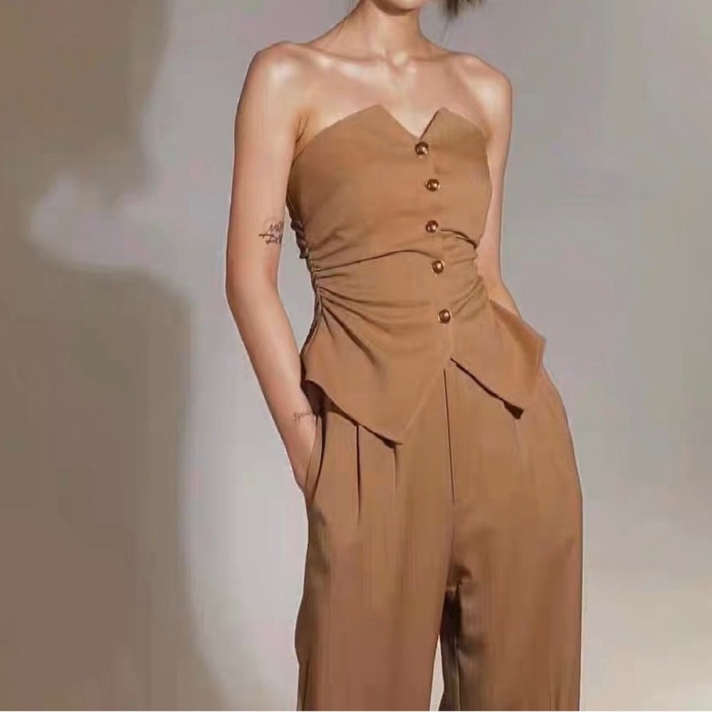 Strapless Tailored Jumpsuit in Camel - Picture 2 of 5